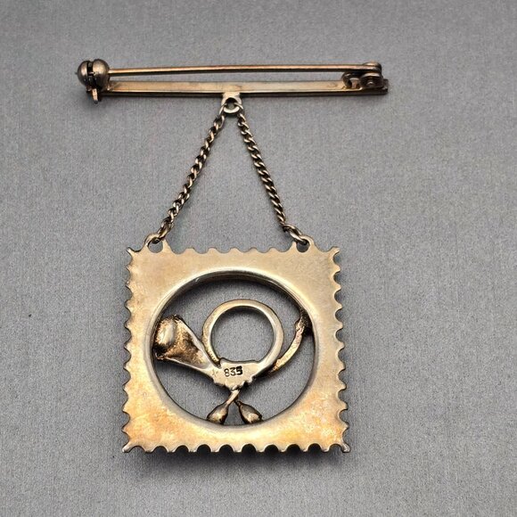 Antique 835 Silver Repousse Horn Brooch 2" Dangling Chain Rose Cut Gemstones - Picture 4 of 10